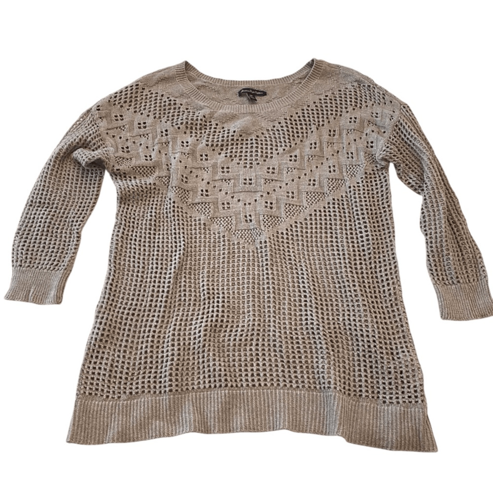 American Eagle Sweater Womens Medium Tan Crochet Long Sleeve Ladies Casual Top M